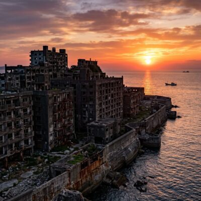 Abandoned concrete buildings on island coastline at sunset with boats on ocean