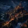 Large medieval-style fantasy castle on cliffs with village and waterfall at sunset