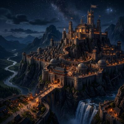 Large medieval-style fantasy castle on cliffs with village and waterfall at sunset